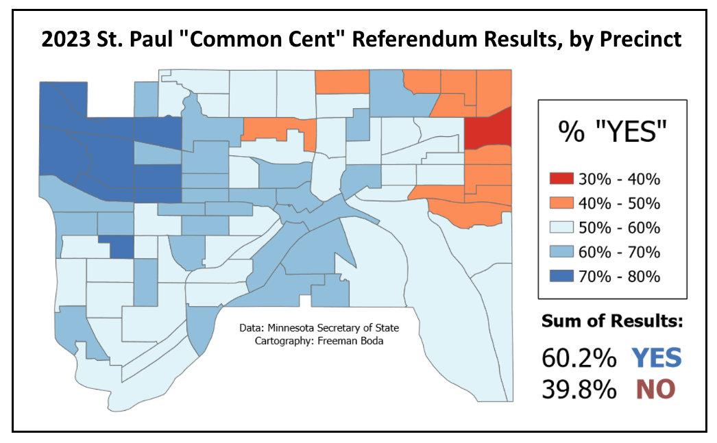Map  of Saint Paul, with the results of the 2023 'common cent' ballot question