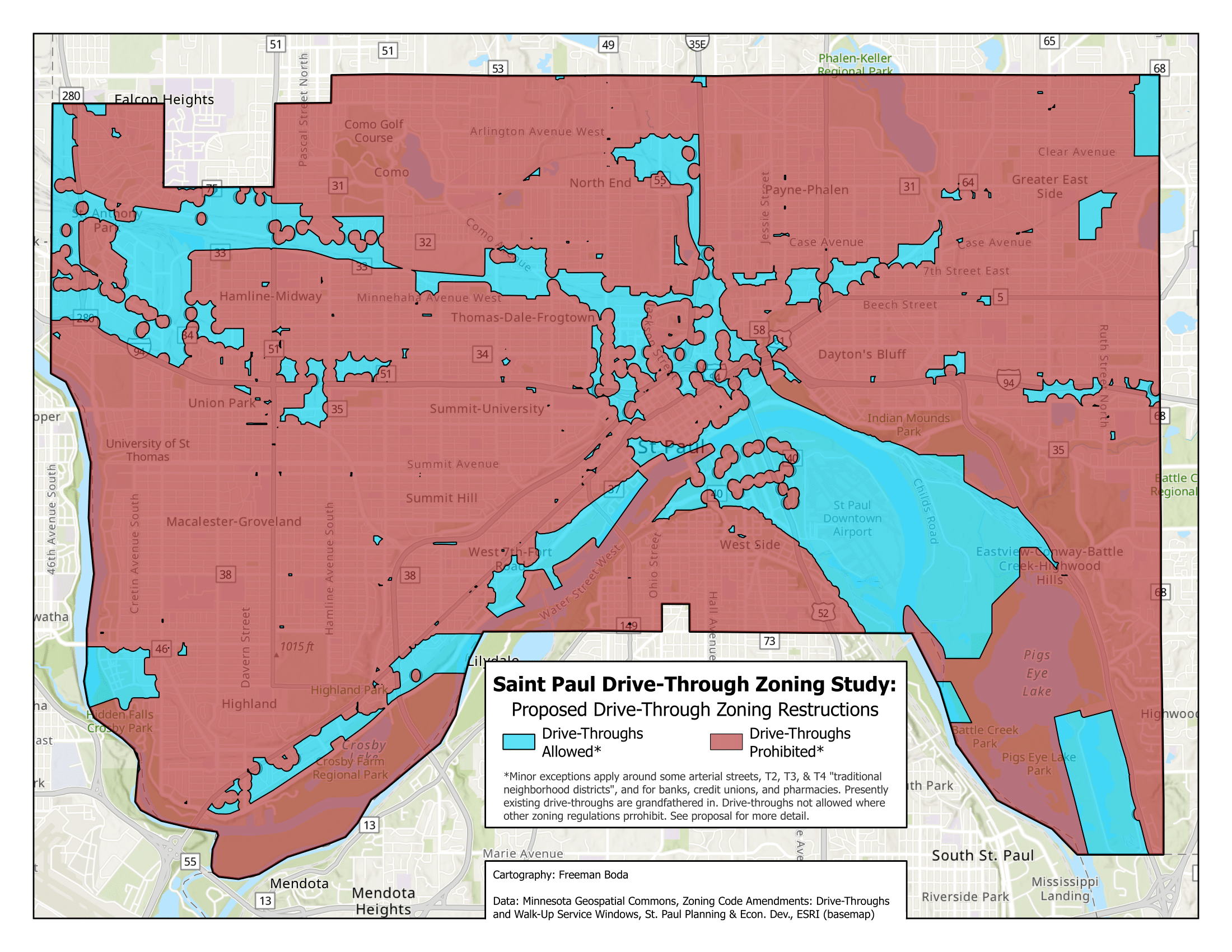 Map of Saint Paul, with proposed drive-through zoning