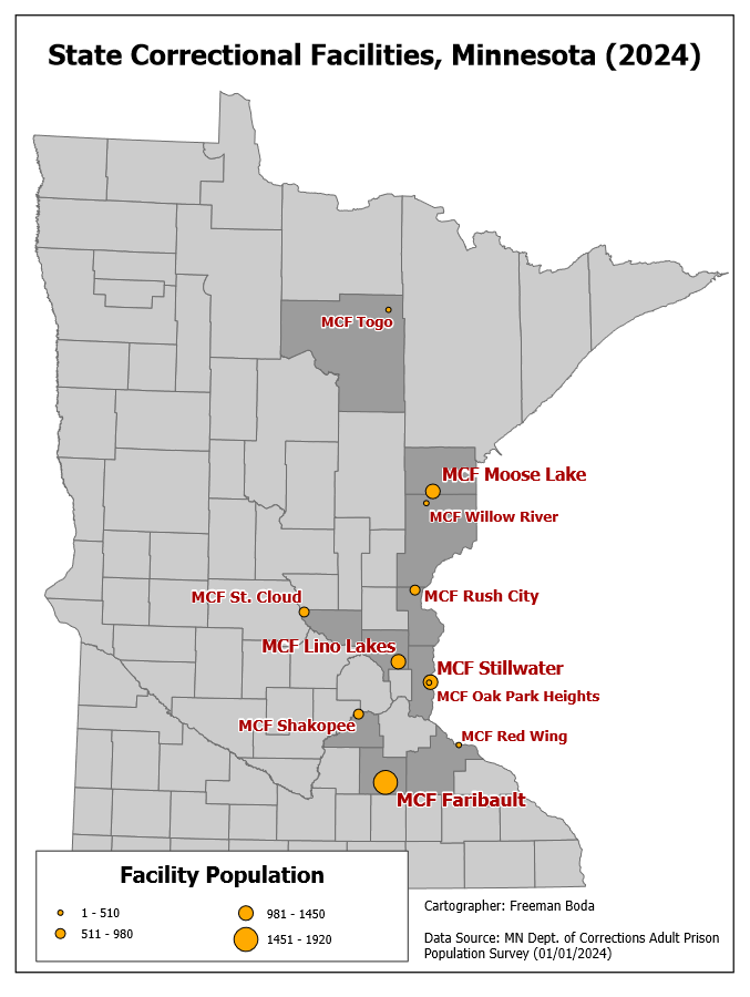 Map of Minnesota, with all state-run correctional facilites (prisons) highlighted