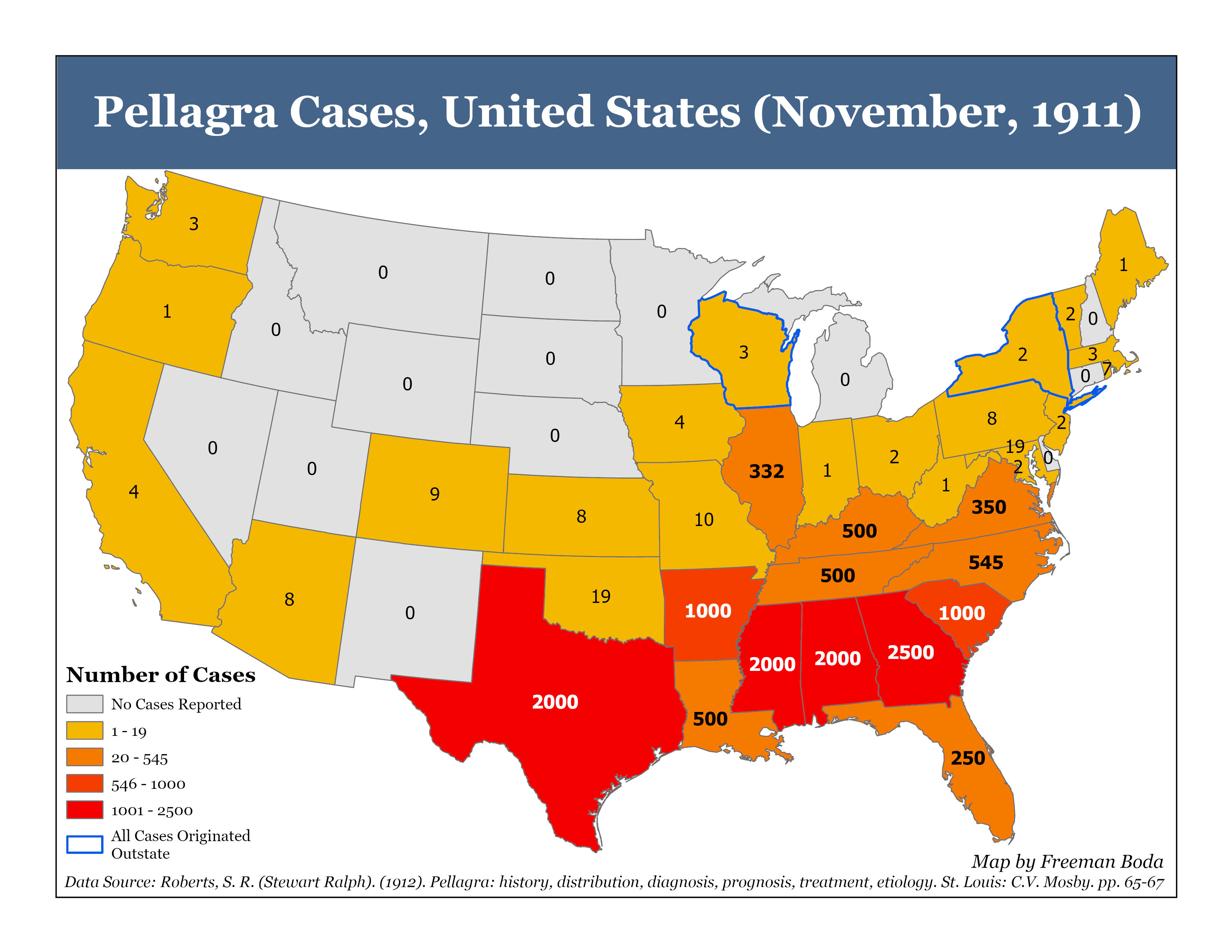 Map of Pellagra Cases in the U.S., November 1911