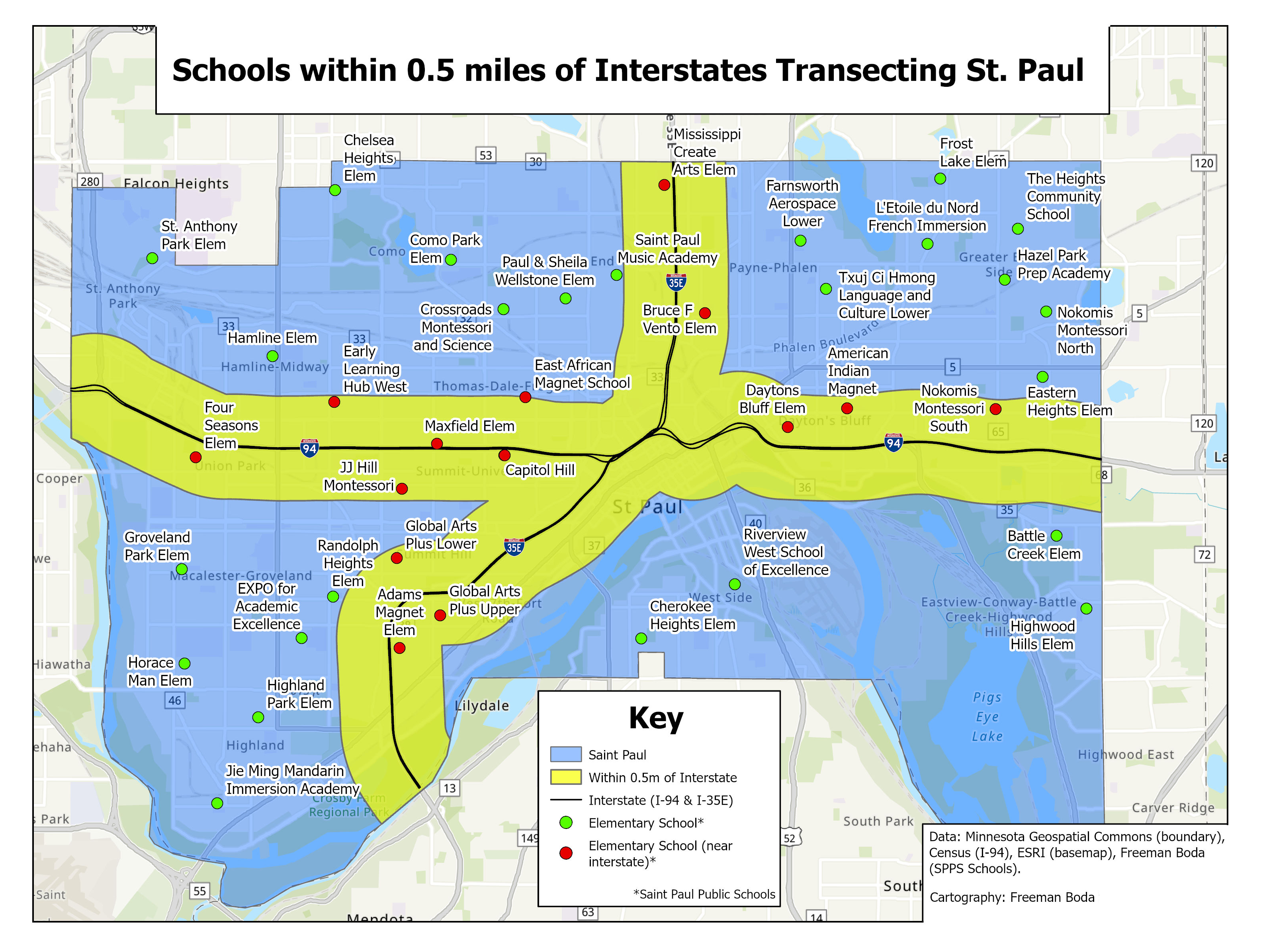 Map of Saint Paul, with schools within 0.5m of the nearest interstate